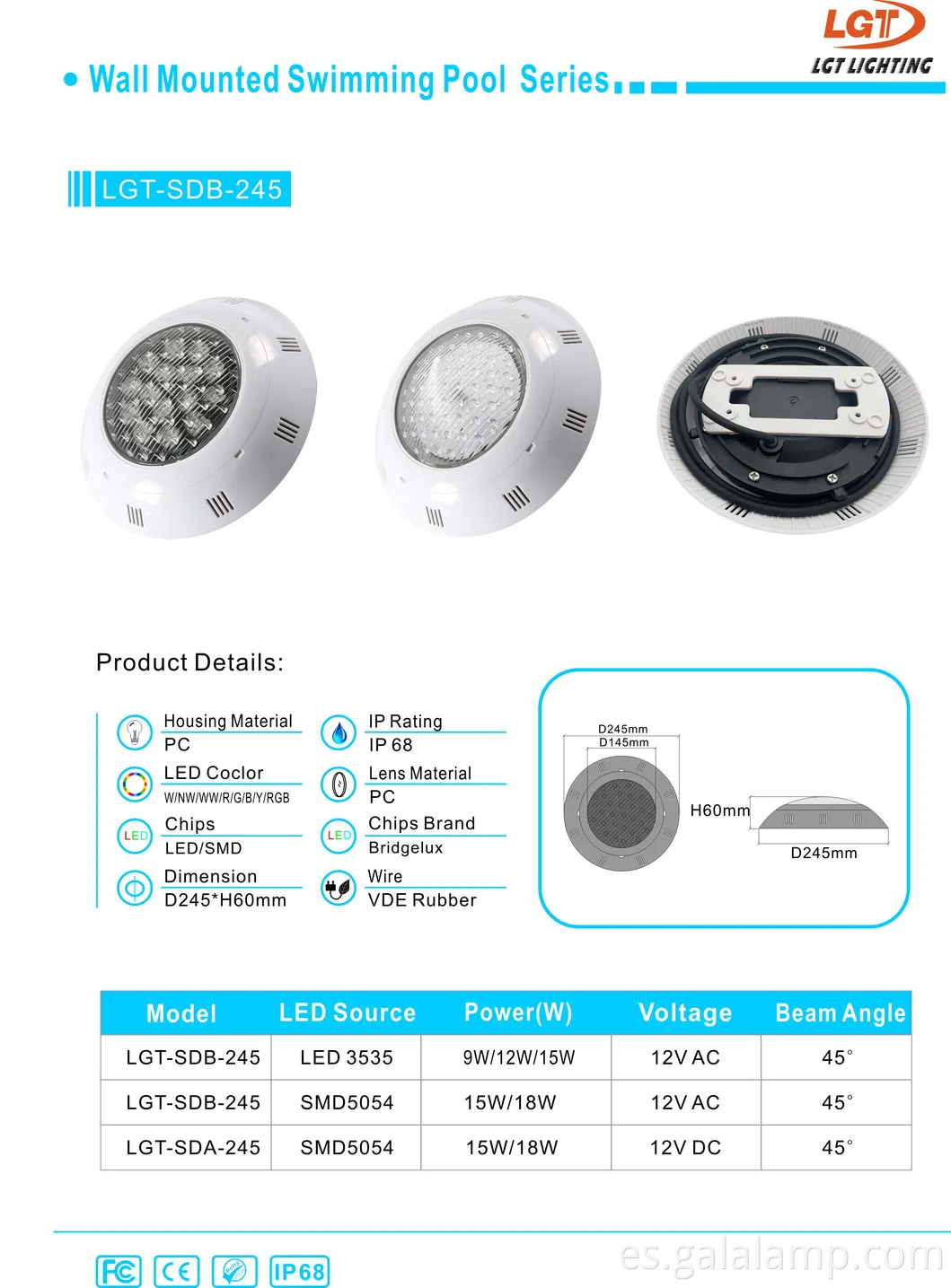 Luces de pared de la piscina LED, luces de pared submarina, luces de fuentes de arco iris impermeables